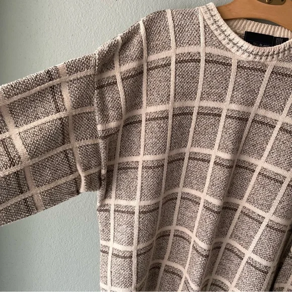 Bill BlassVintage 90s Beige Plaid Knit Eclectic Grandpa Sweater